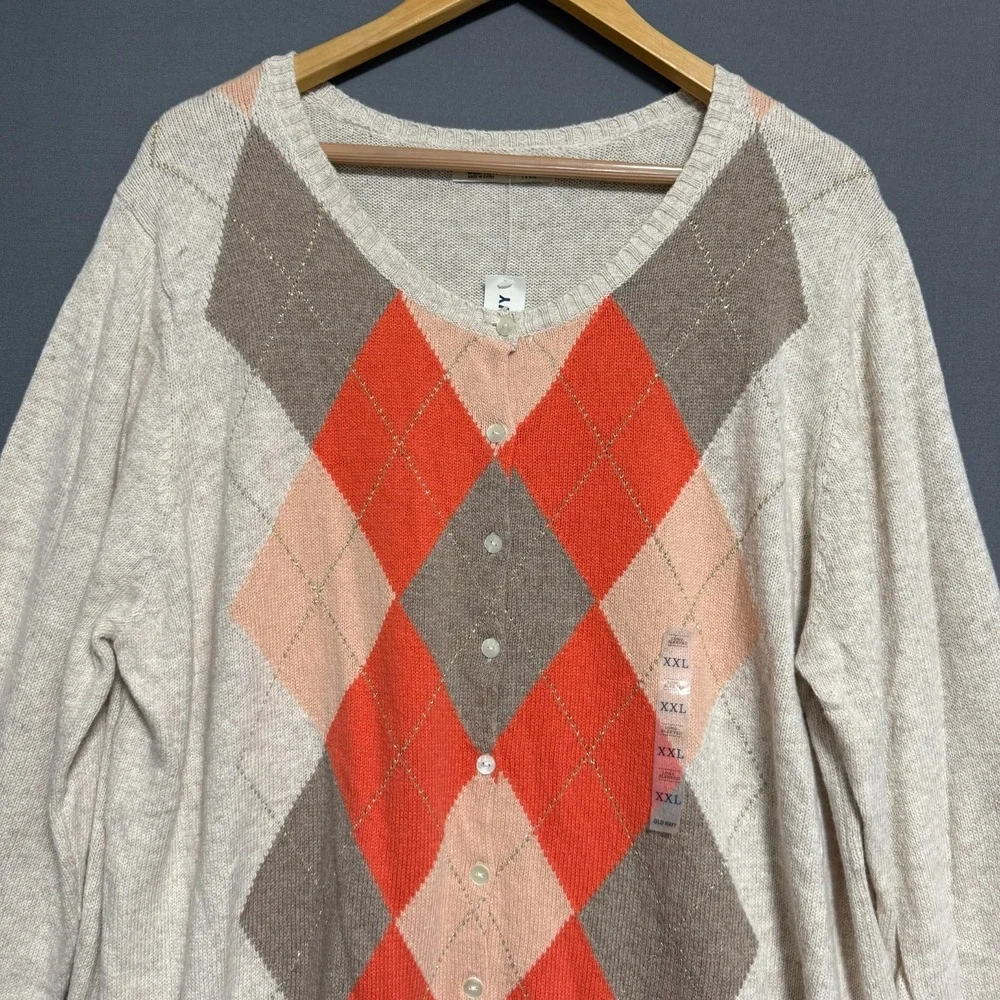 Old Navy Argyle Cardigan Sweater XXL Beige Orange Preppy Grandmacore Geek NWT‎